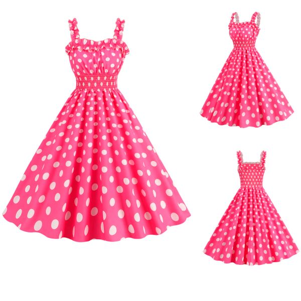 Giyim Kadınlar Vintage Pembe Polka Dot Yaz Elbisesi 2023 Robe Femme Pinup Seksi Spagetti Kayışları Baskı Salıncak Kostüm Partisi Balo Elbise