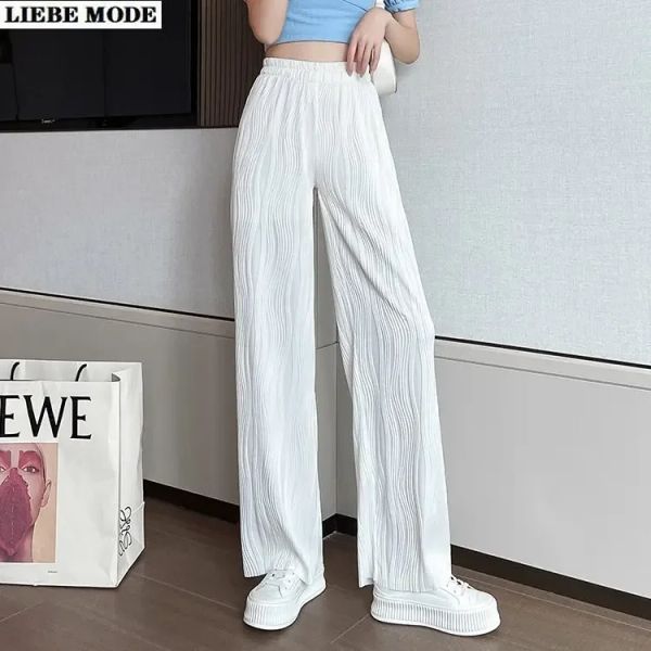 Capris Damen Sheer Ice Silk Chiffon-Hosen mit weitem Bein für Frauen, Sommer, gerade Palazzo-Hose, elastische Taille, koreanische Pantalones Mujer