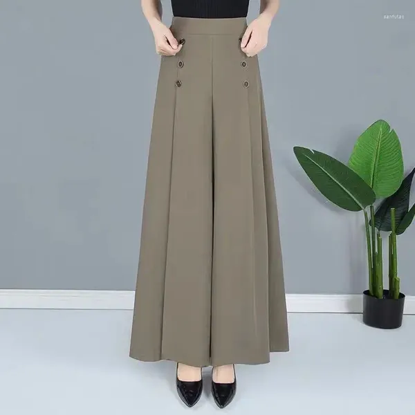Женские брюки, корейские простые модные однотонные юбки с высокой талией, женские лоскутные карманы на пуговицах, летние свободные тонкие универсальные прямые брюки