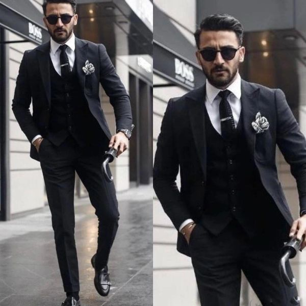 Anzüge Boss Herrenanzüge für die Hochzeit, Revers, sanfter Bräutigam, Slim-Fit, Trauzeugen, Hochzeit, Smoking, 3-teilig, Jacke, Hose, Weste, Blazer für den besten Mann