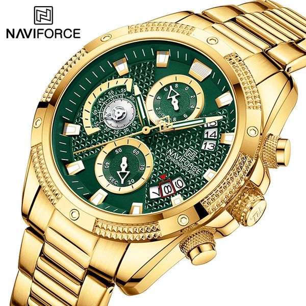 NAVIFORCE Herrenuhr, luxuriös, goldfarben, modisch, Quarzuhr, analog, Chronograph, Sport, wasserdicht, Edelstahl, Armbanduhr 240227