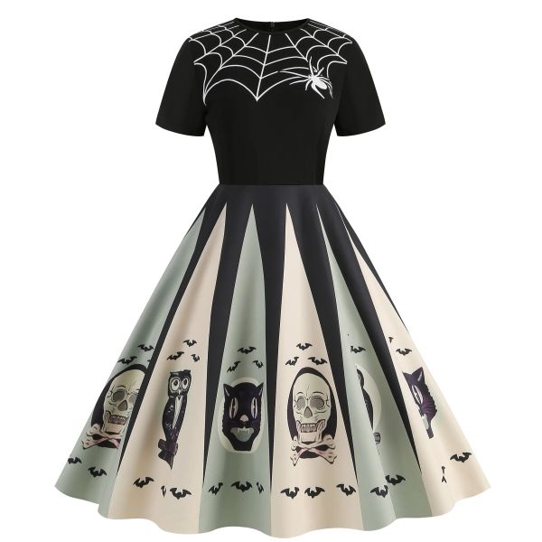 Kleid für Damen, schwarze Gothic-Halloween-Kostüme, Retro-Partykleider, Karneval, Weihnachtsgewand, kurze Ärmel, Kürbisschädel-Aufdruck, Cosplay-Kleidung