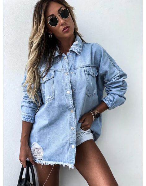 Mulheres longas jaquetas jeans casaco outono inverno turn down colarinho oversized longline buraco rasgado namorado jaqueta outwear 240229