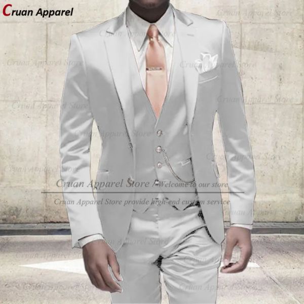 Abiti Su Misura di Lusso Argento Lucido Abiti Da Uomo Set Slim Fit Best Man Sposo Abito Da Sposa Smoking 2022 Menta Giacca Gilet pantaloni Set