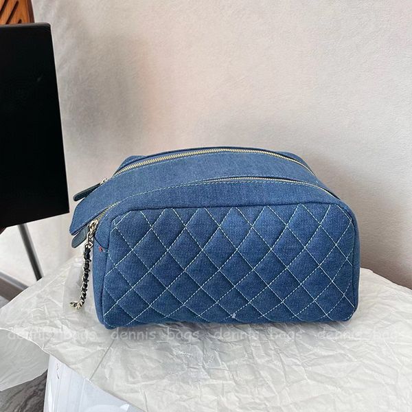 Custodie per borse cosmetiche di design Borsa da toilette da viaggio da donna classica in pelle di lusso denim blu 24C Alta qualità