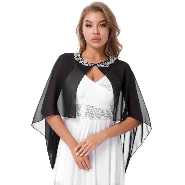 Abiti Involucri da sposa Donna Perline Chiffon Scialli Bolero trasparenti Orlo asimmetrico Mantella Coprispalle Top per abito da sposa Cardigan Coprispalle