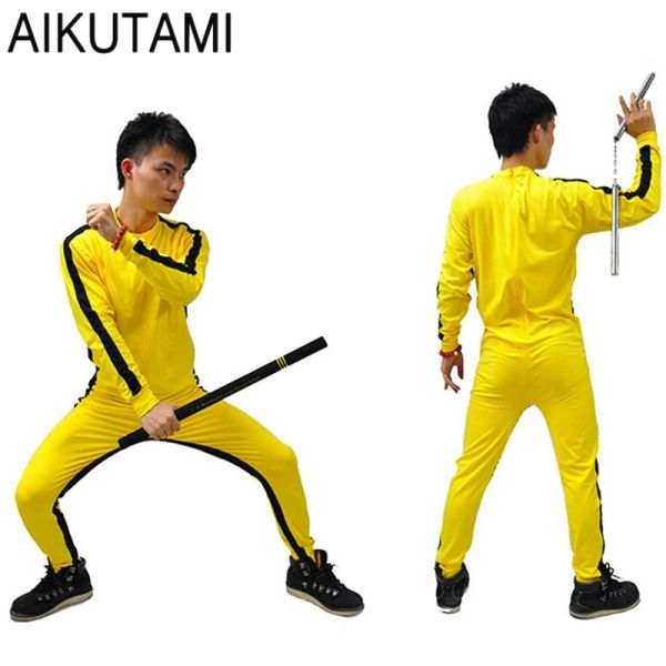 Artes bruce lee macacão para crianças adultos amarelo wushu uniformes kung fu conjunto wu shu roupas traje chinês para homens conjuntos de artes marciais