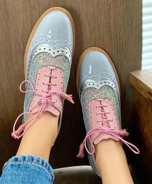 Schuhe Frau Flats Low Heels Oxfords Kleid Glitzer Große Größe Leder Gummi Bling Stoff PU Floral Slides Huf Glitzer Schuhe Low H 240226