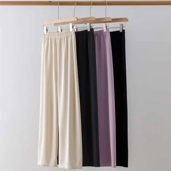 Capris, Sommer, dünne Oberbekleidung, lässig für Damen, mit Eisseide, weit geschnittene Hose, hohe Taille, schmale Gummibänder, hochelastisches, gerades Bein