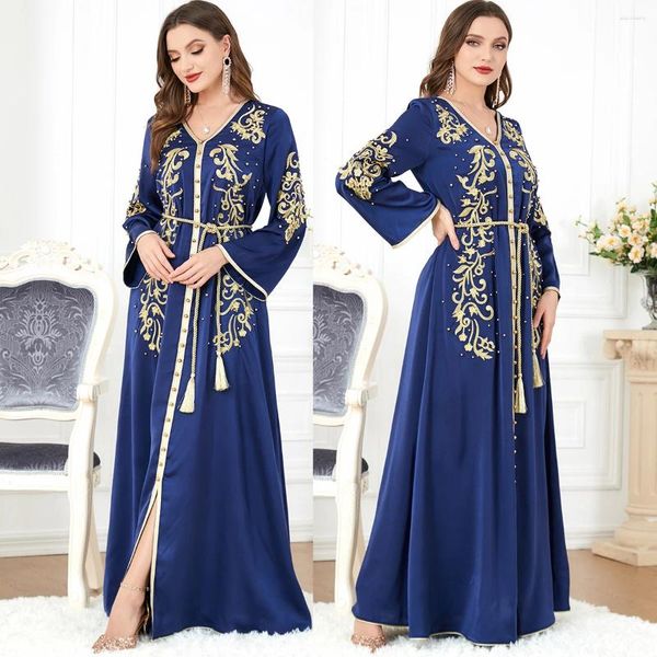 Abbigliamento etnico Marocco Abito da donna 2024 Ruffle Abaya musulmano Moda Dubai Abaya Ricamo con cintura Caftano Abiti da festa eleganti Abiti