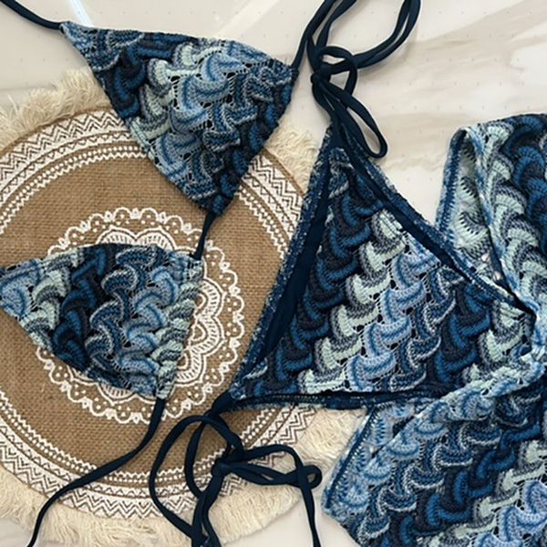 Designer de crochê biquinis feminino praia sutiã briefs conjunto sexy piscina festa roupa de banho saia halter split maiô 3 peça conjuntos de maiô