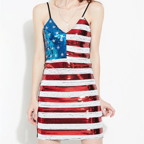 Kleid sexy vneck ärmellessstar Streifen Slim Club Kleid glänzende Frauen USA Flag Patriotische Pailletten Bodycon Verstellbares Gurt Mini Kleid