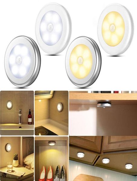 Luci notturne 6 LED Alimentato a batteria Sensore di movimento quadrato rotondo Induzione PIR Lampada da armadio per armadio per scale Cucina3173743