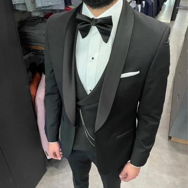 Ternos masculinos preto noivo smoking para casamento xale lapela magro ajuste masculino 3 pçs fumar moda baile de formatura blazer (jaqueta calças colete) 2024