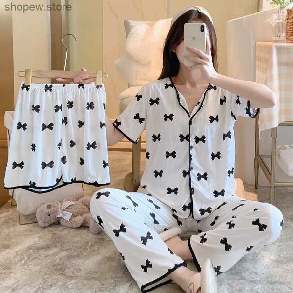 Pijamas femininos bonito adolescente loungewear ins estilo pijama feminino conjunto de três peças casual confortável bonito anime padrão pijama curto