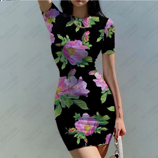 Vestido 2023 verão nova moda feminina impressão 3d colorido flor temperamento sexy estilo feminino apertado em torno do pescoço vestido de manga curta