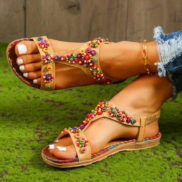 Sandals kadın t-kayış renkli boncuklu düz sandalet açık ayak parmağı elastik ayak bileği kayış gladyatör ayakkabı kadın yaz bohem plaj sandaletleri T240302