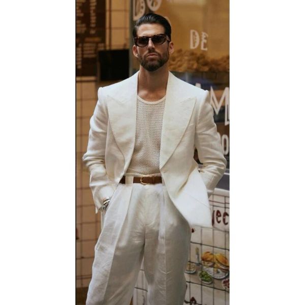 Anzüge Neueste Leinen Herrenanzüge Blazer Hosen Designs Slim Fit Spitzenrevers 2 Stück Beste Männer Hochzeit Smoking Bräutigam Tragen Kostüm Homme