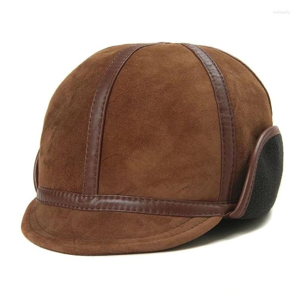 Bola bonés inverno masculino couro macio borda curta quente bombardeiro chapéu masculino leve camurça pele com earmuffs à prova de vento forrado melão chapeau