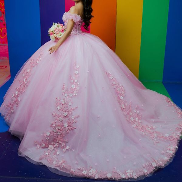Розовые платья Quinceanera с открытыми плечами, милый корсет с аппликацией, кружевное бальное платье из тюля, платье для дня рождения, платья de 15