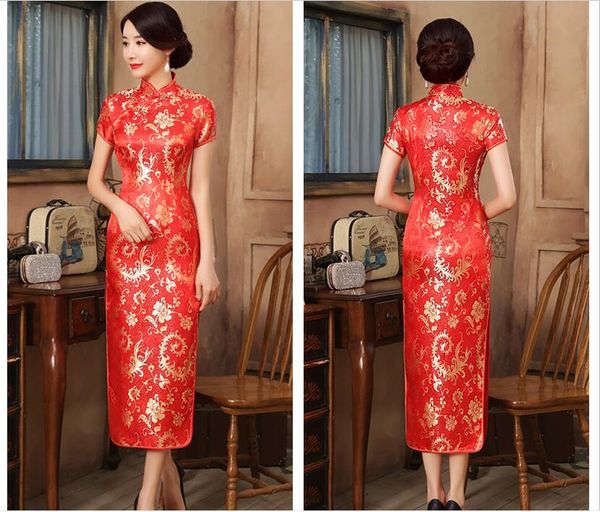 Großhandel im neuen chinesischen Stil Vintage Damen Seidensatin Lange Cheongsam Stickerei Blumenröcke Damen Freizeitkleid Hochzeit Abend Party Kleider Größe S-6XL