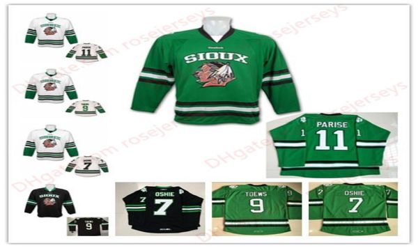 Kuzey Dakota Dövüş Sioux Hawks 11 Zach Parise 9 Jonathan Toews 7 TJ Oshie Beyaz Siyah Yeşil Dikişli Kolej ve Hokey Forma Jerseys7546375