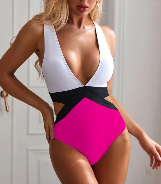 Costumi da bagno da donna Splicing Fasciatura Bikini di colore puro 2024 Donne sexy a vita alta Costume intero Push Up Piscina Bikini da spiaggia