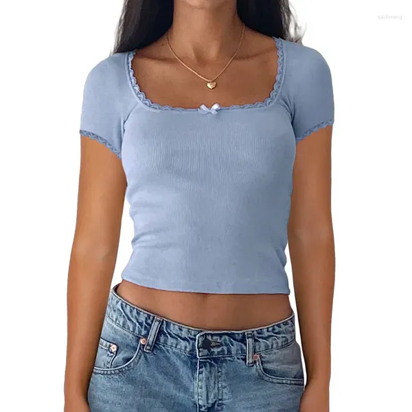 Damen T-Shirts WPNAKS Damen Slim Crop Tops Sommerkleidung Spitzenbesatz Kurzarm Square-Neck Show Nabel T-Shirt Sexy Club