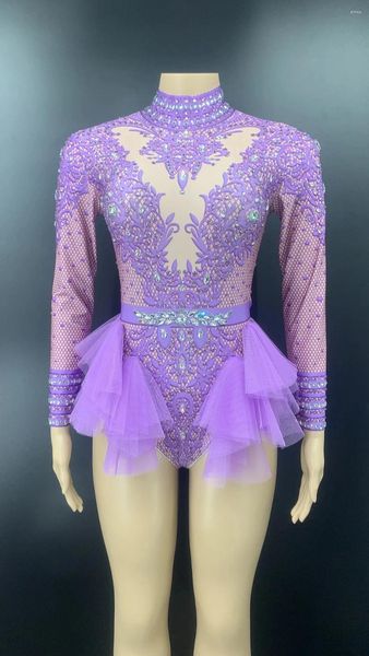 Sahne Giyim Sparkly Rhinestones Bodysuit Kadınlar Uzun Kollu Kulüp Kıyafet Dans Kostümü Seksi Gösteri Performans Doğum günü Partisi Elbise