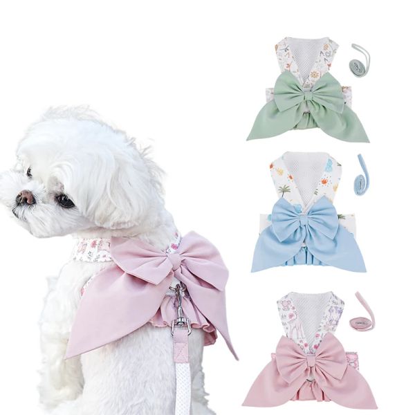 Arnês para cachorro doce e trela conjunto grande arco designer princesa filhote de cachorro colete arnês com malha de dring suprimentos de viagem de segurança ao ar livre