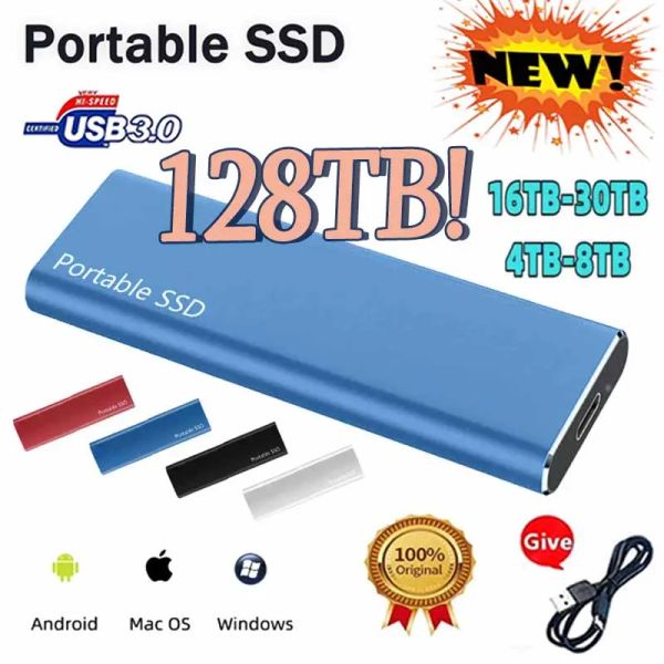 Kutular Taşınabilir SSD 128TB Sabit Sürücü 1TB/2TB/30TB/64TB% 100 Orijinal Harici SSD Sabit Sürücü Tip C USB3.1 Sabit Disk USB Flash Sürücü