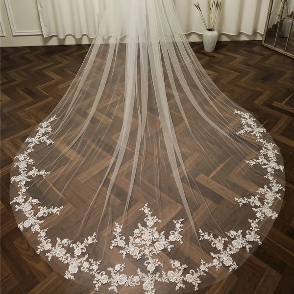 Luxus langer Braut Elfenbein Frauen Blumenspitzen Applikationen 3M Hochzeitsschleier