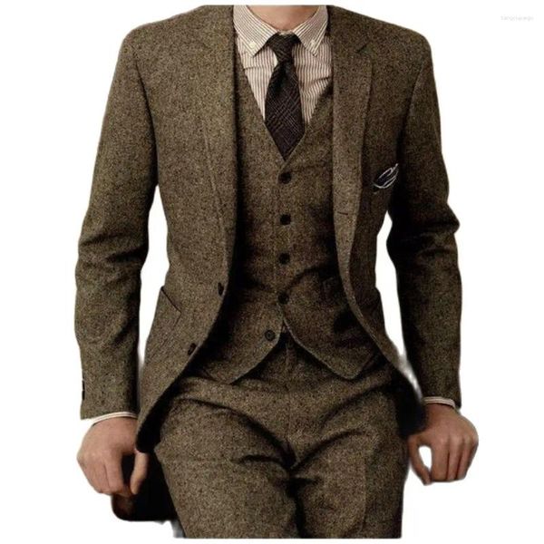 Erkekler Klasik Tweed Erkekler Takım 3 PCS Kostüm Homme Akşam Yemeği Partisi Günlük Giyim (Ceket Pantolon Yelek) Damat Smokin Düğün Prom Blazer