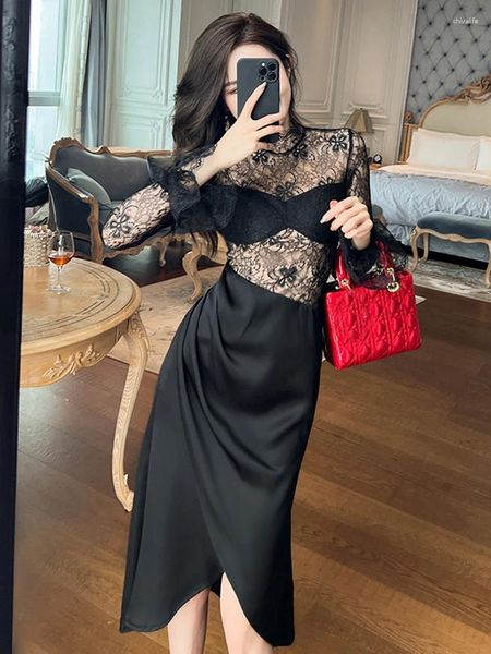 Lässige Kleider Elegante Mode Sexy Midi für Frauen 2024 Schwarz Sheer Spitze Langarm Satin Falten Asymmetrische Split Robe Party Vestidos