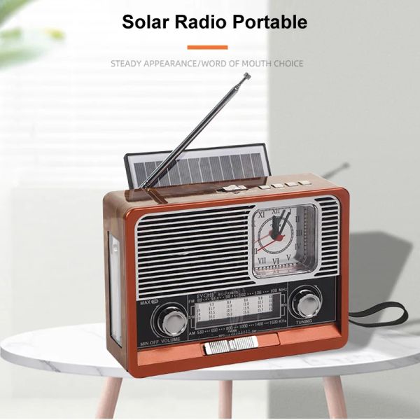 Alto-falantes FM AM SW Retro Rádio Solar Receptor Portátil Bluetooth Speaker MP3 Music Player LED Light Tocha Relógio USB TF Cartão AUX Carregador