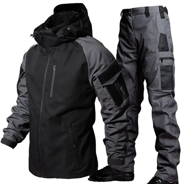 Conjuntos de jaqueta tática à prova d'água Homens Terno de treinamento de combate ao ar livre Soft Shell Work Wear SWAT Exército Jaquetas com capuz Calças 2 Pcs Set 240220