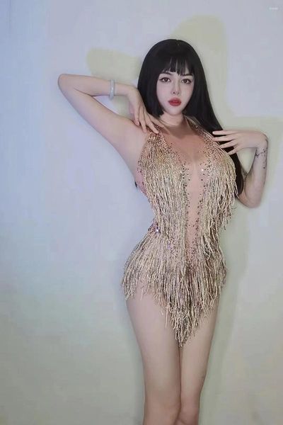 Bühne tragen Gold glänzende Strass Quaste Halter Sexy Bodys für Frauen Nachtclub DJ Kleidung Pole Prom trägt Sänger Kostüme