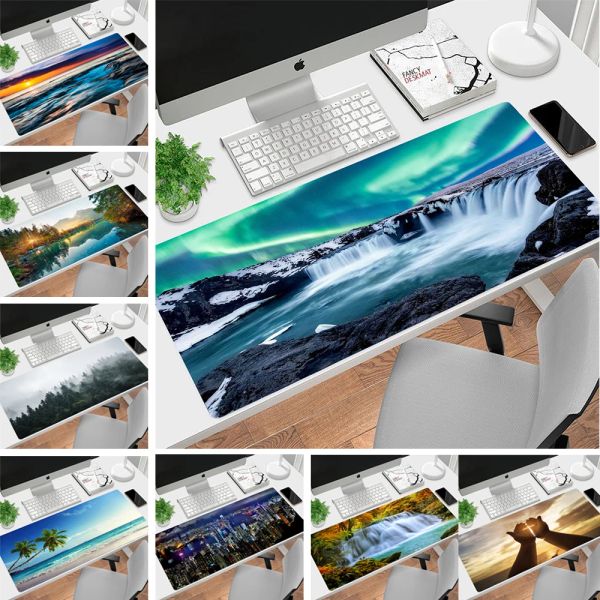 Almofadas Natural Paisagem Mousepad Acessórios de Jogos Grande Mouse Pad Lago Azul Céu Praia Tapete XXL Mesa Pad Laptop Teclado Pad