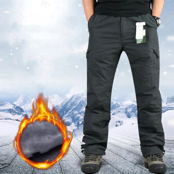 Calça de inverno lã grossa de lã térmica calças casuais ao ar livre caminhada escalada calça calças multipockock cargo de algodão pantalon tatico