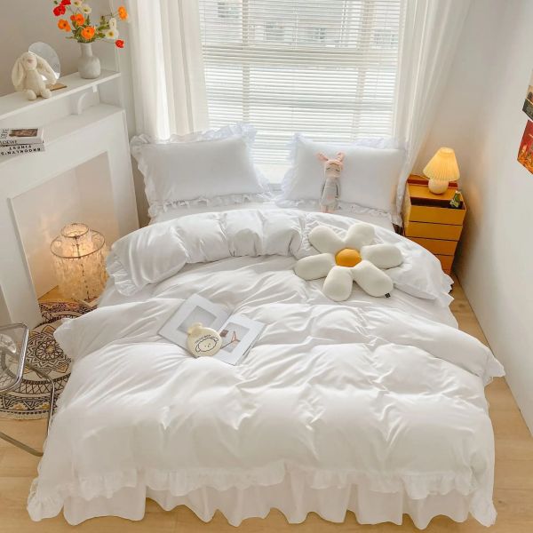 Conjunto de cama de renda saia de luxo princesa menina colcha rainha rei tamanho primavera lençóis capa colchão retro cama com saia