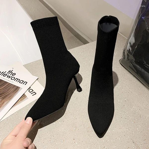 Botas Lucyever Knitting High Heels Mulheres Slip-on Pointed Toe Thin Ankle Mulher Outono Preto Sexy Sock Botas Mujer