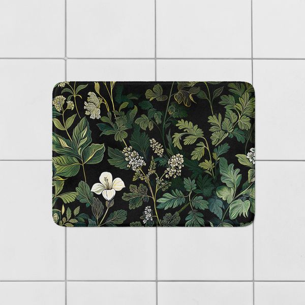 Tapete de banho floral |Tapete de banheiro luxuoso de espuma viscoelástica, macio antiderrapante para decoração de spa doméstico, verde botânico e preto