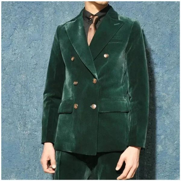 Suits Velvet Erkekler Takımlar 2 Parça Zümrüt Yeşil Tepe Çift Göğüslü Blazer Setleri Düğün Resmi Damat Özel Yapımı Ceket+Pantolon