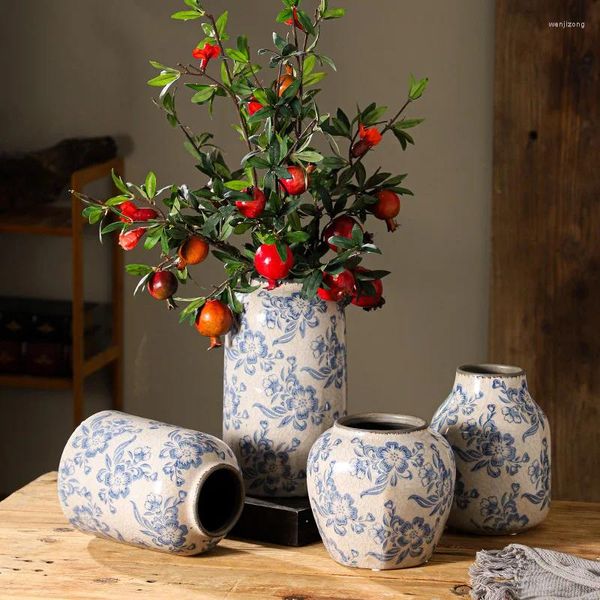 Vasen, chinesischer Stil, blaue und weiße Porzellanvase, Wohnzimmer, Retro-Eisriss-Ornamente, hochwertiges antikes Blumenarrangement