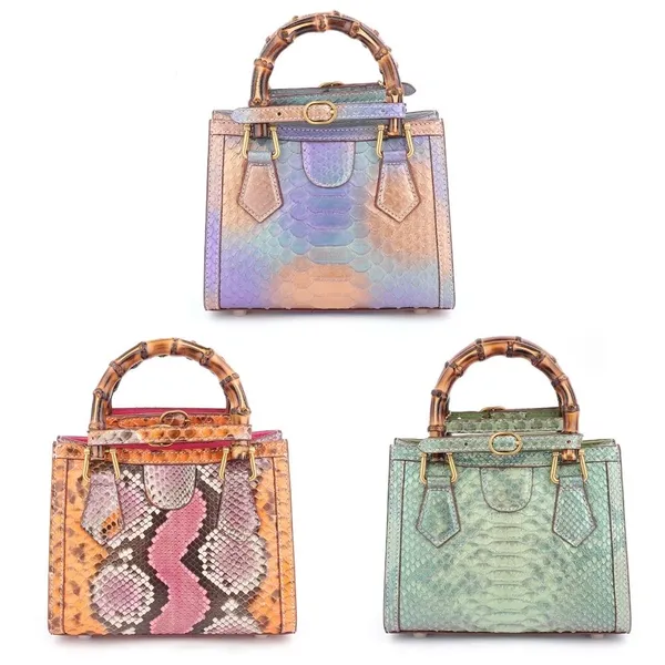 Borsa piccola in vera pelle di serpente con motivo serpentino animale, borsa con manico in bambù, NUOVA COSMETICA Borsa astuccio tote BOX 655658 724641 675800 746124 735153 660195