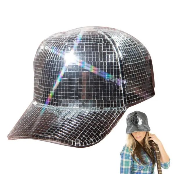 Snapbacks Mirror Ball Cappello da cowboy Argento scintillante Specchio da baseball Cappelli da discoteca Ball Caps Puntelli Cosplay Forniture di Halloween per la raccolta di feste