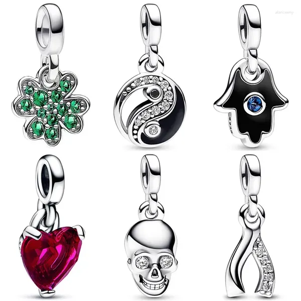 Lose Edelsteine My Clover Skull Hamsa Hand Wishbone Yin Yang Mini Anhänger Perle 925 Sterling Silber Me Charm Fit Europa Armband DIY