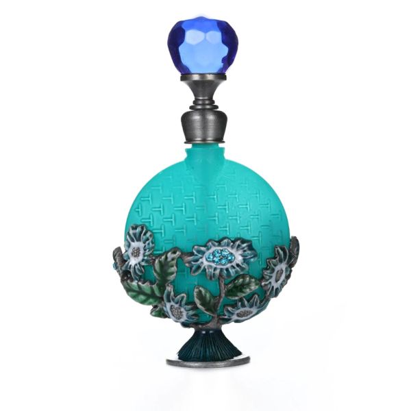 Garrafa ervilha azul vintage perfume garrafa gem metal emed flor decoração safira forma tampa vazia recarregável portátil artesanal presente