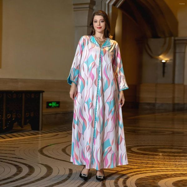 Roupas étnicas 2024 Imprimir Vestido Muçulmano Mulheres Moda Abaya Médio Oriente Dubai Diamante Noite Vestidos Longos Eid Ramadan Hijab Robe Islam