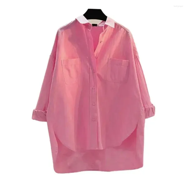 Blusas femininas moda feminina blusa outono cor sólida camisa topos lapela manga longa alta-baixa bainha solta casual blusa mujer moda 2024